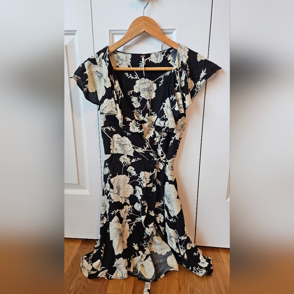 Free People, XS, French Quarter Wrap Dress, Black And Cream Floral Print